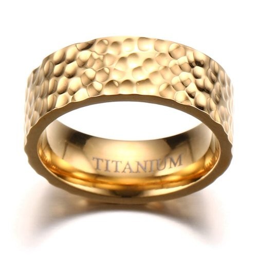 8mm Men's Titanium Wedding Band Ring 18k Gold Plated Hammered Finish ...
